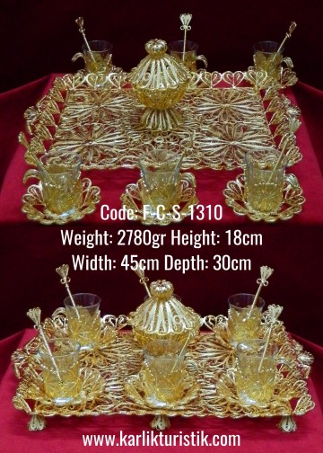 6 lı Bakır Osmanlı Elişi Telkari Has Altın Kaplama Çay Seti - F-C-S-1310