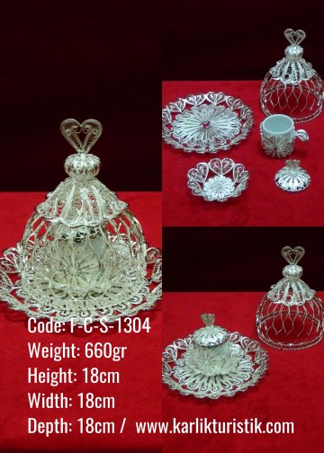 Tekli Bakır Osmanlı Elişi Telkari Gümüş Kaplama Kahve Seti - F-C-S-1304