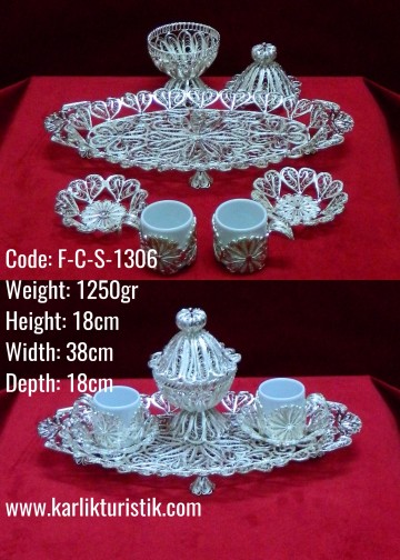 İkili Bakır Osmanlı Elişi Telkari Gümüş Kaplama Kahve Seti - F-C-S-1306